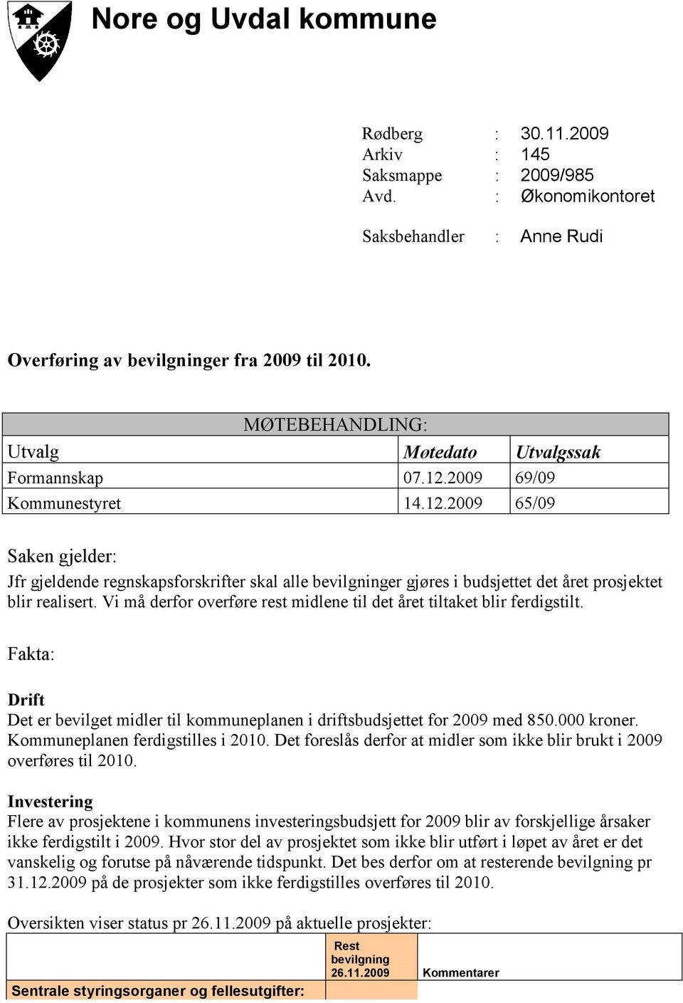 Vi må derfor overføre rest midlene til det året tiltaket blir ferdigstilt. Fakta: Drift Det er bevilget midler til kommuneplanen i driftsbudsjettet for 2009 med 850.000 kroner.