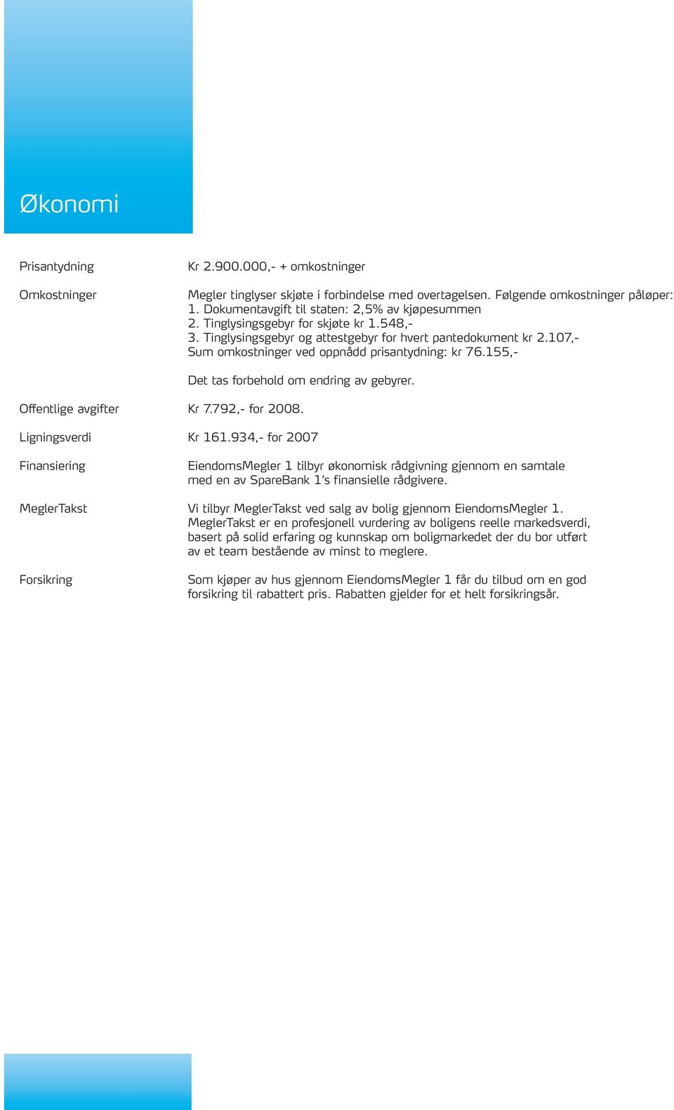 107,- Sum omkostninger ved oppnådd prisantydning: kr 76.155,- Det tas forbehold om endring av gebyrer. Offentlige avgifter Kr 7.792,- for 2008. Ligningsverdi Kr 161.