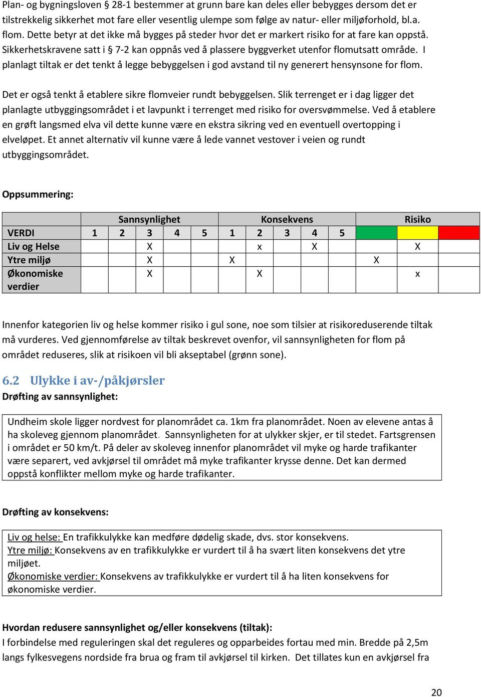 I planlagt tiltak er det tenkt å legge bebyggelsen i god avstand til ny generert hensynsone for flom. Det er også tenkt å etablere sikre flomveier rundt bebyggelsen.