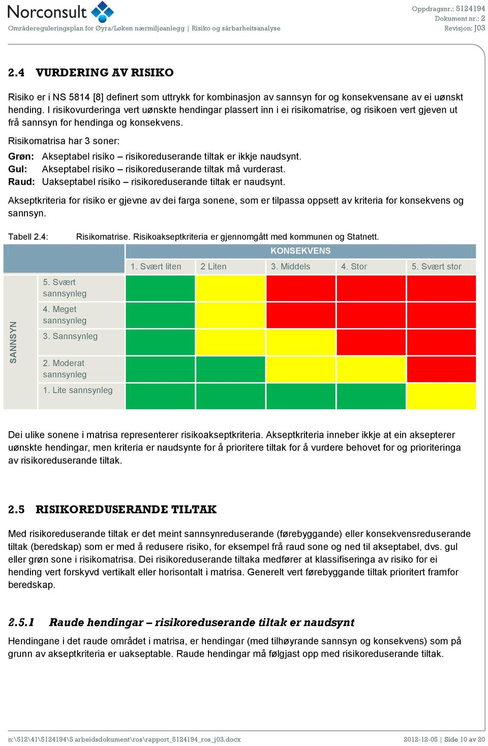 I risikovurderinga vert uønskte hendingar plassert inn i ei risikomatrise, og risikoen vert gjeven ut frå sannsyn for hendinga og konsekvens.