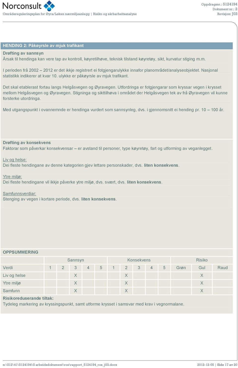 Utfordringa er fotgjengarar som kryssar vegen i krysset mellom Helgåsvegen og Øyravegen. Stigninga og sikttilhøva i området der Helgåsvegen tek av frå Øyravegen vil kunne forsterke utordringa.