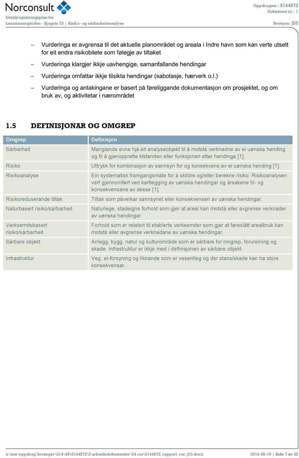 samanfallande hendingar Vurderinga omfattar ikkje tilsikta hendingar (sabotasje, hærverk o.l.) Vurderinga og antakingane er basert på føreliggande dokumentasjon om prosjektet, og om bruk av, og aktivitetar i nærområdet 1.