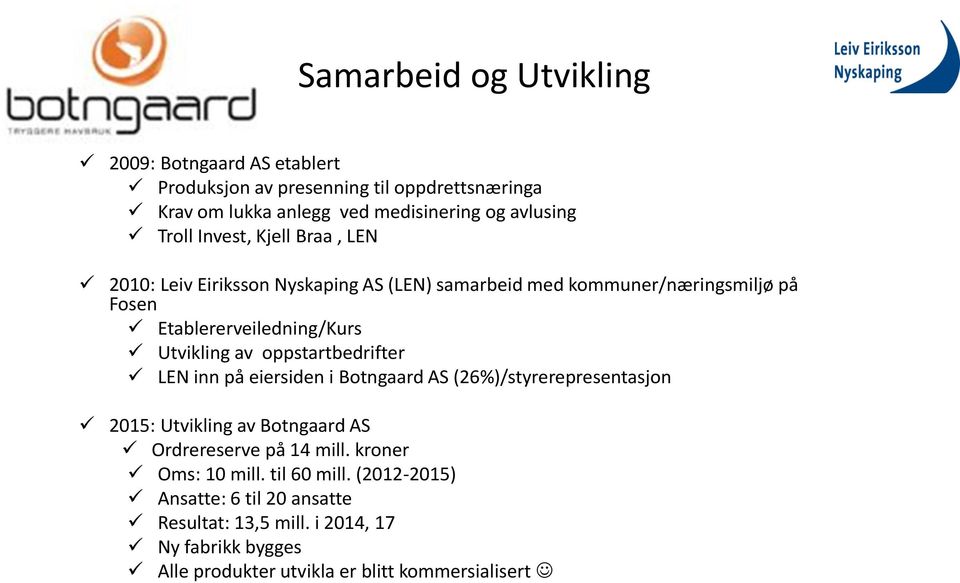 av oppstartbedrifter LEN inn på eiersiden i Botngaard AS (26%)/styrerepresentasjon 2015: Utvikling av Botngaard AS Ordrereserve på 14 mill.