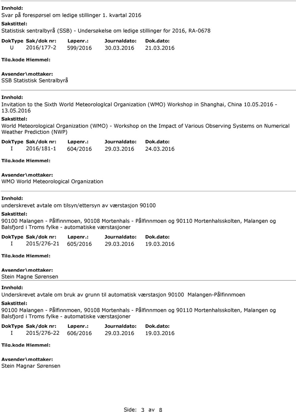 2016-13.05.2016 World Meteorological Organization (WMO) - Workshop on the mpact of Various Observing Systems on Numerical Weather rediction (NW) 2016/181-1 604/2016 24.03.