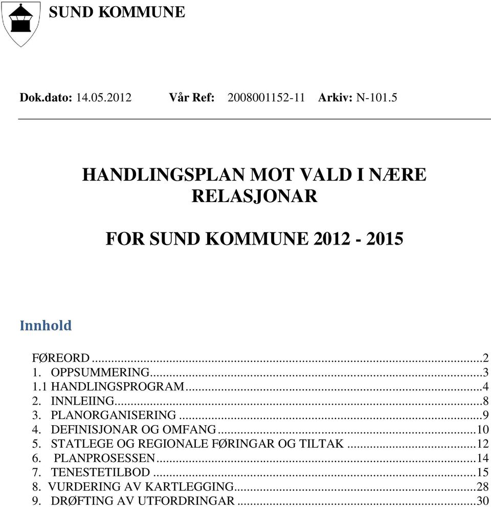 1 HANDLINGSPROGRAM...4 2. INNLEIING...8 3. PLANORGANISERING...9 4. DEFINISJONAR OG OMFANG... 10 5.