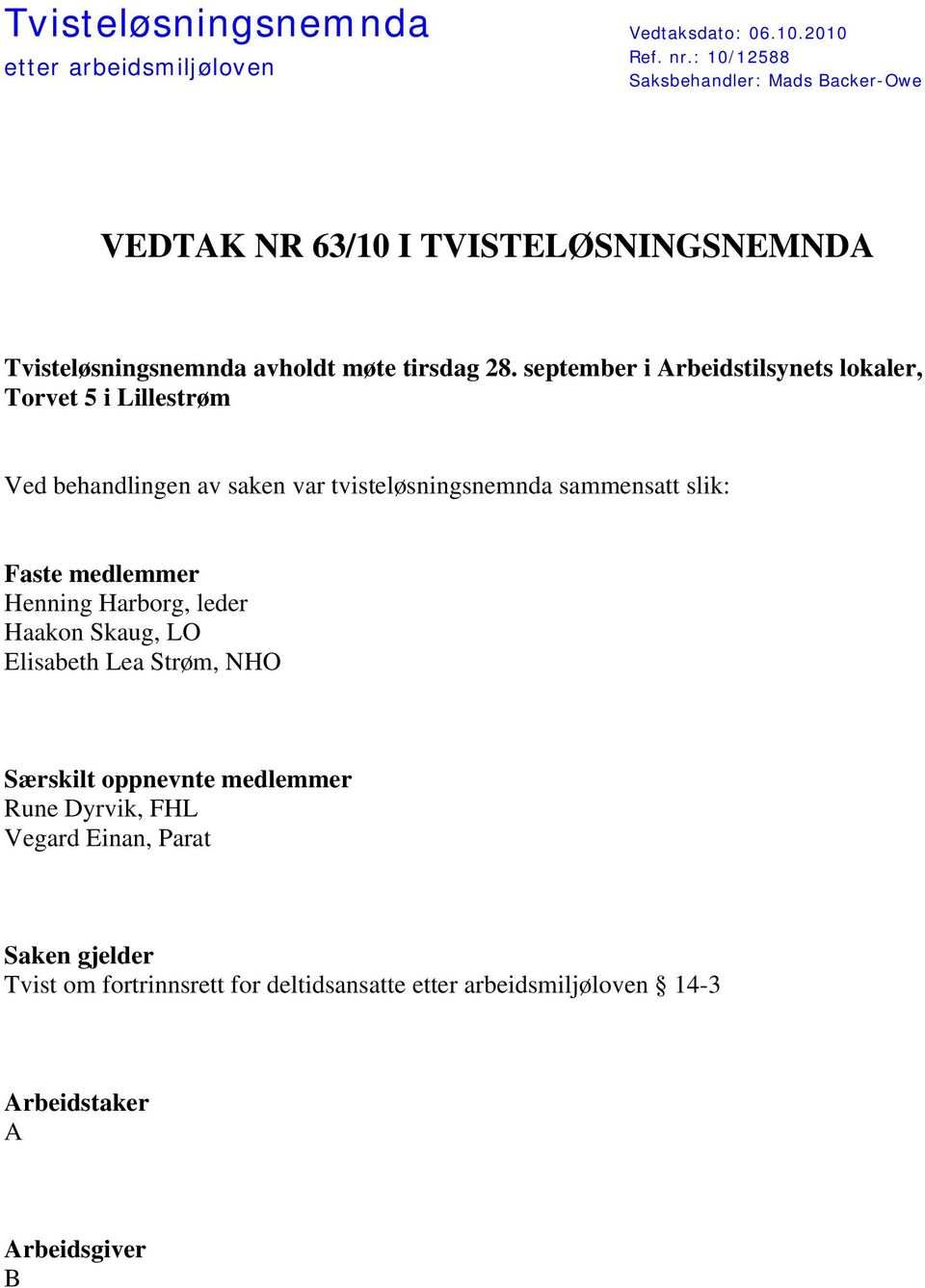 september i Arbeidstilsynets lokaler, Torvet 5 i Lillestrøm Ved behandlingen av saken var tvisteløsningsnemnda sammensatt slik: Faste medlemmer