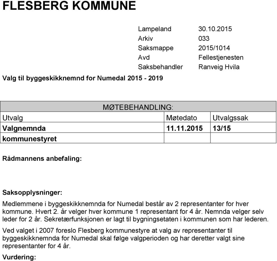 år velger hver kommune 1 representant for 4 år. Nemnda velger selv leder for 2 år.