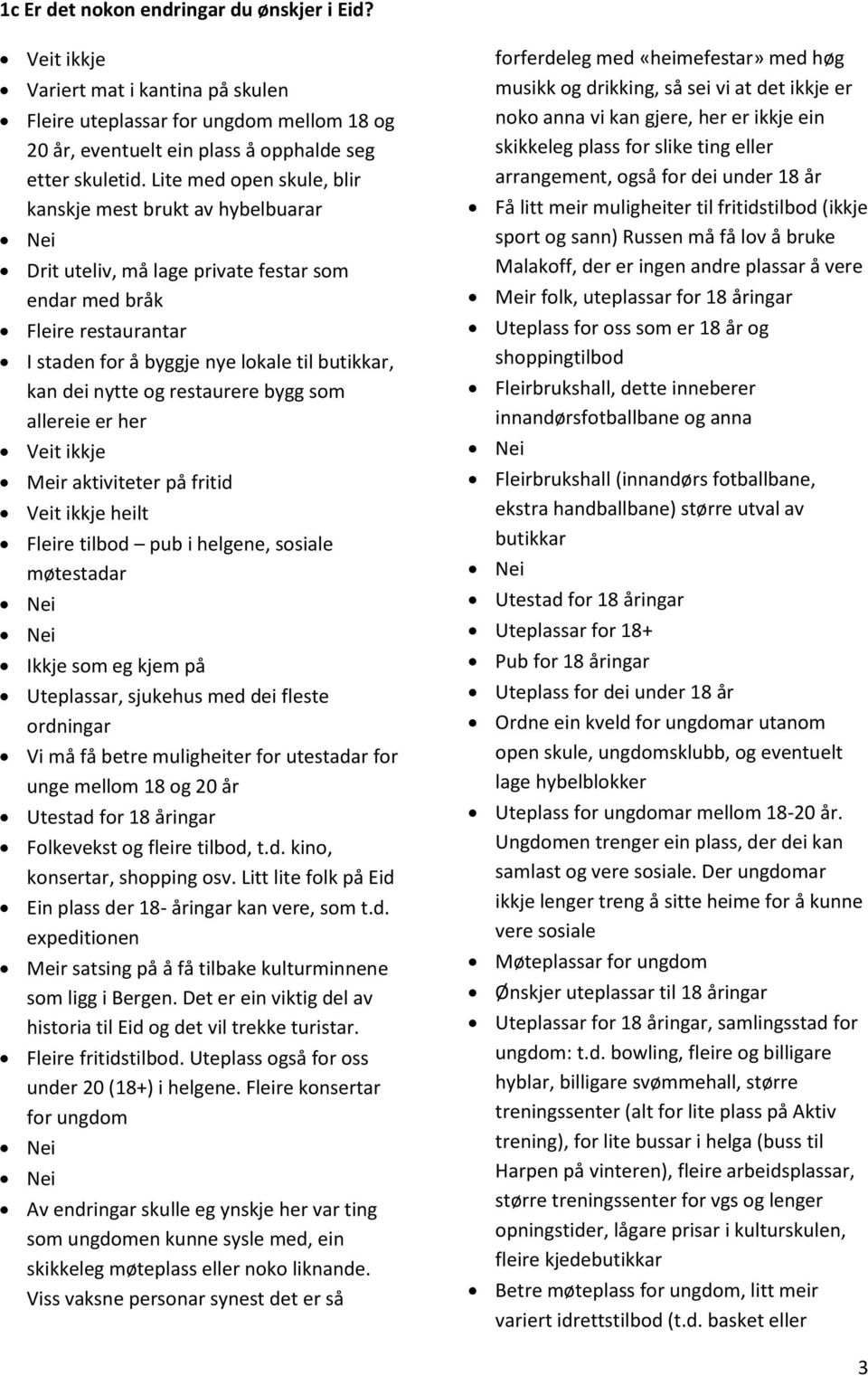 restaurere bygg som allereie er her Meir aktiviteter på fritid heilt Fleire tilbod pub i helgene, sosiale møtestadar Ikkje som eg kjem på Uteplassar, sjukehus med dei fleste ordningar Vi må få betre