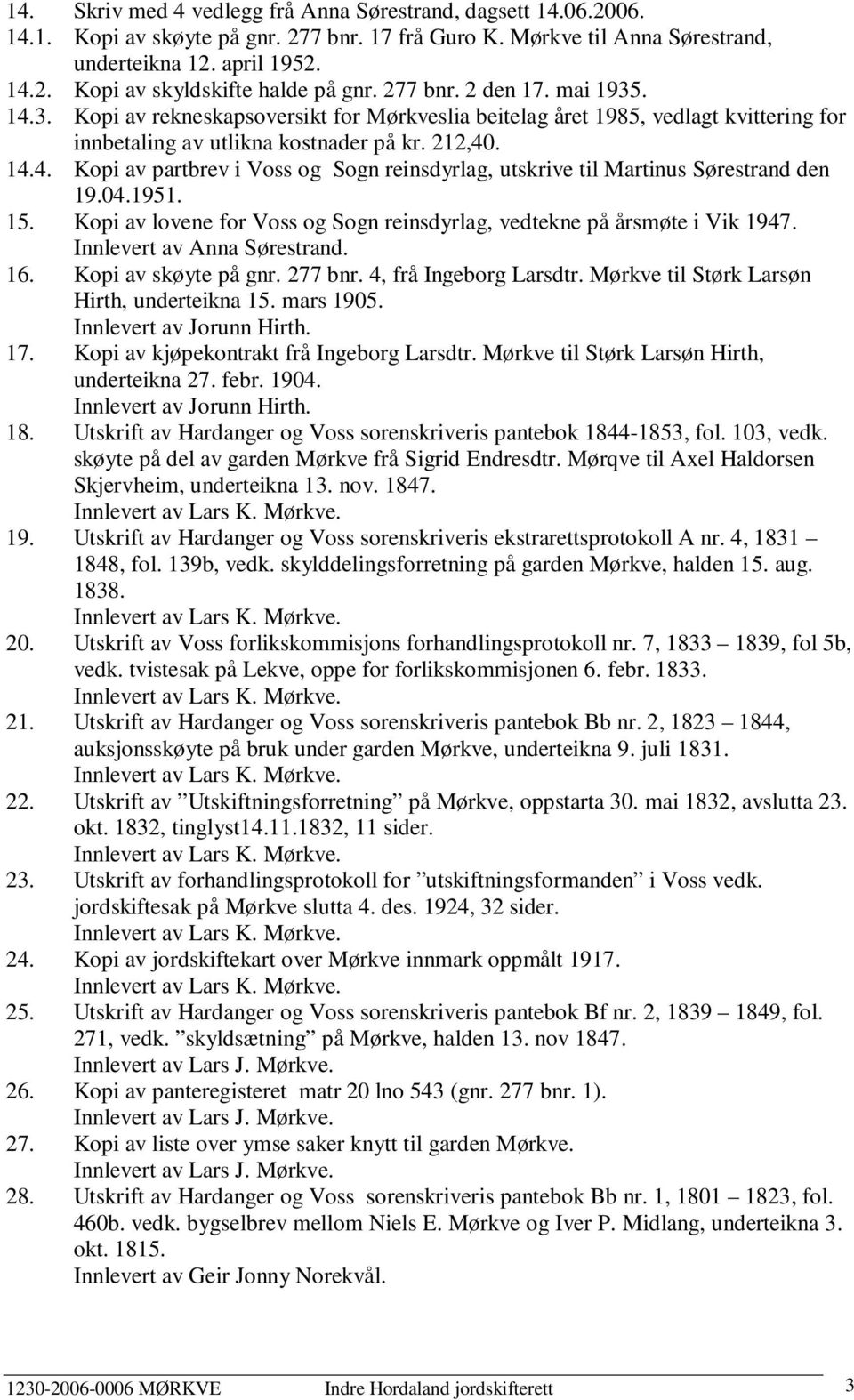 04.1951. 15. Kopi av lovene for Voss og Sogn reinsdyrlag, vedtekne på årsmøte i Vik 1947. Innlevert av Anna Sørestrand. 16. Kopi av skøyte på gnr. 277 bnr. 4, frå Ingeborg Larsdtr.