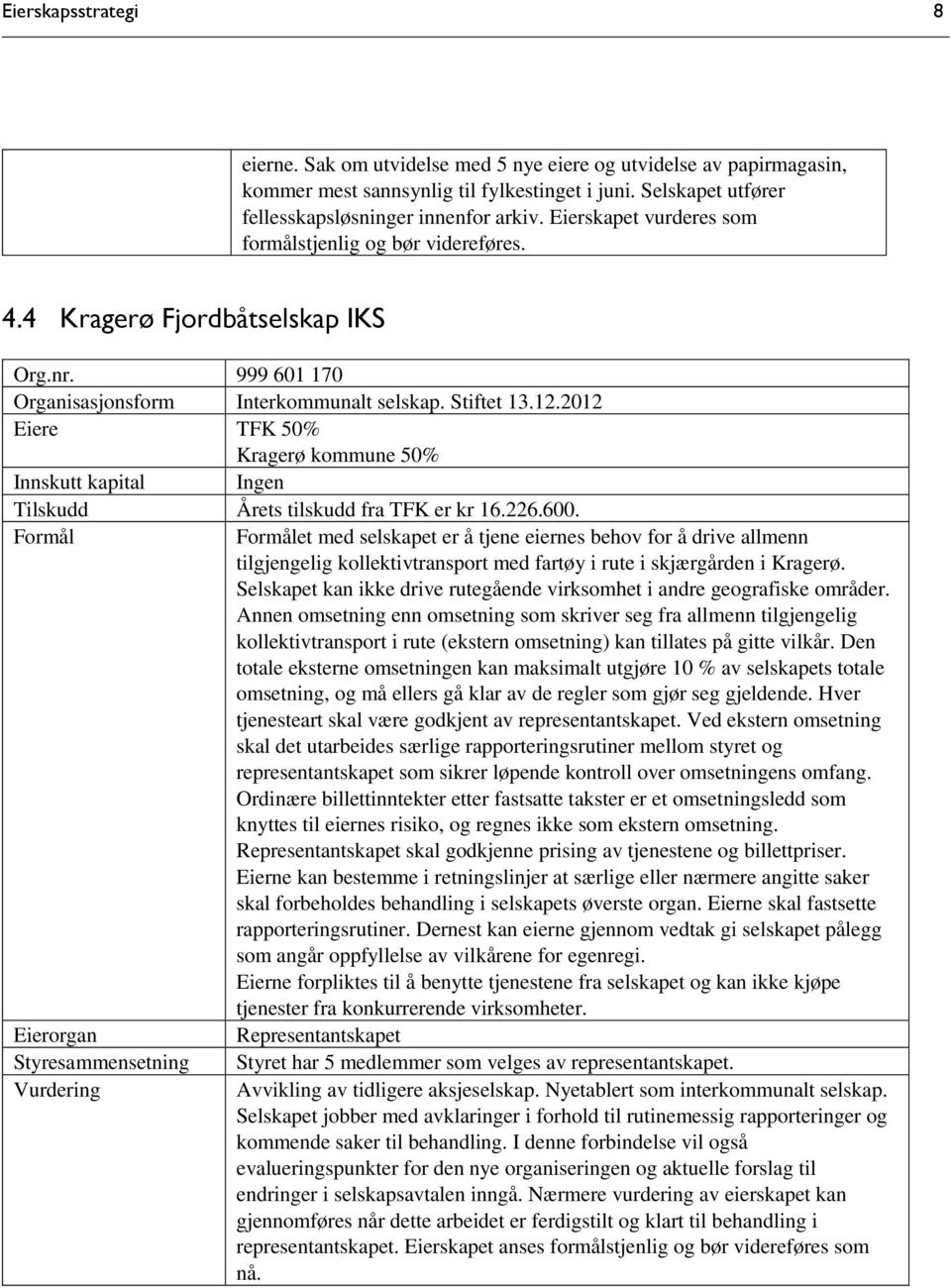 2012 Eiere TFK 50% Kragerø kommune 50% Innskutt kapital Ingen Årets tilskudd fra TFK er kr 16.226.600.