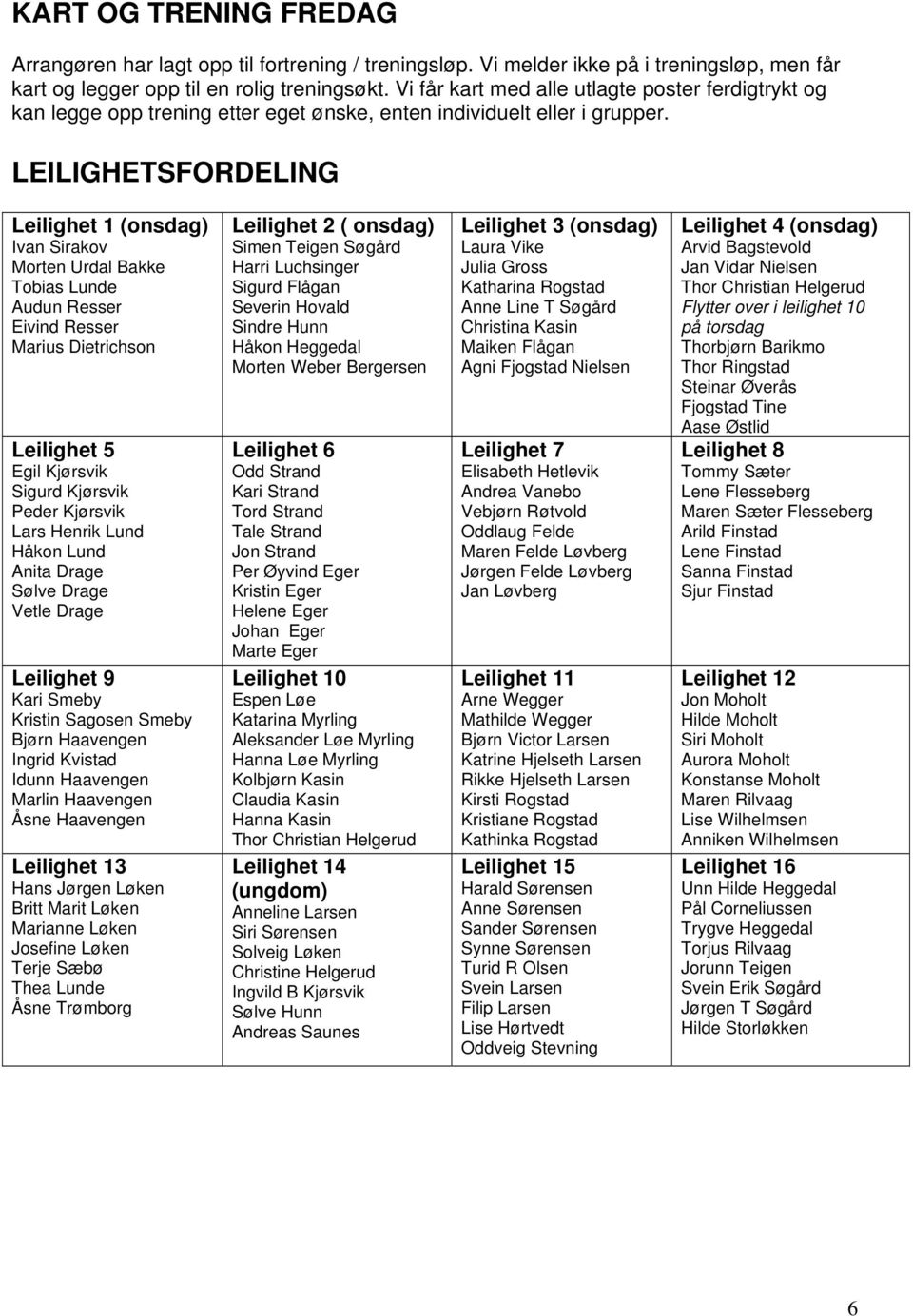 LEILIGHETSFORDELING Leilighet 1 (onsdag) Ivan Sirakov Morten Urdal Bakke Tobias Lunde Audun Resser Eivind Resser Marius Dietrichson Leilighet 5 Egil Kjørsvik Sigurd Kjørsvik Peder Kjørsvik Lars