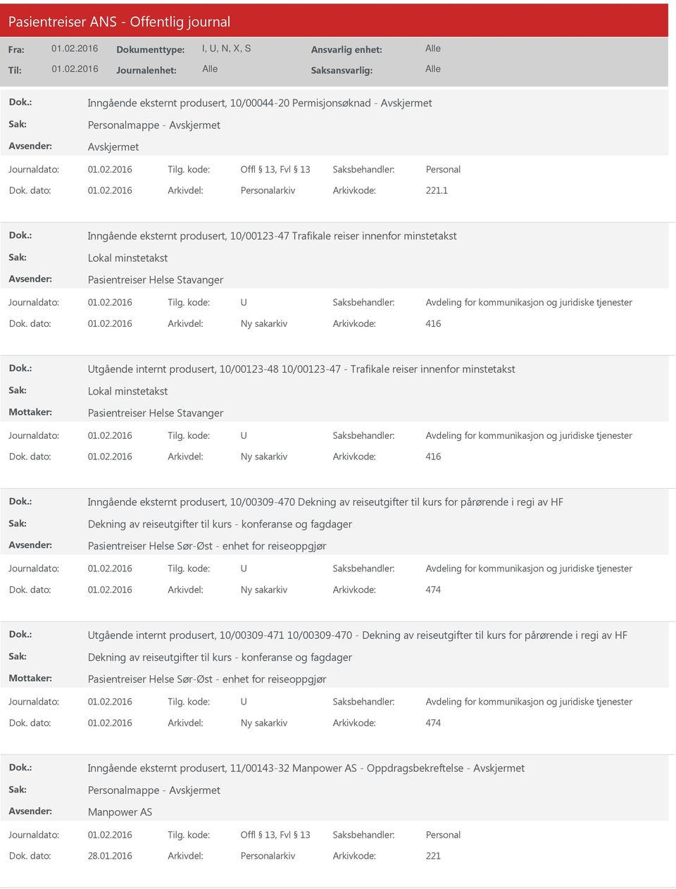 dato: Arkivdel: Ny sakarkiv Arkivkode: 416 tgående internt produsert, 10/00123-48 10/00123-47 - Trafikale reiser innenfor minstetakst Lokal minstetakst Pasientreiser Helse Stavanger Dok.