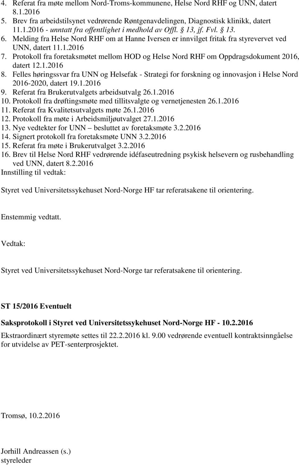 Protokoll fra foretaksmøtet mellom HOD og Helse Nord RHF om Oppdragsdokument 2016, datert 12.1.2016 8.