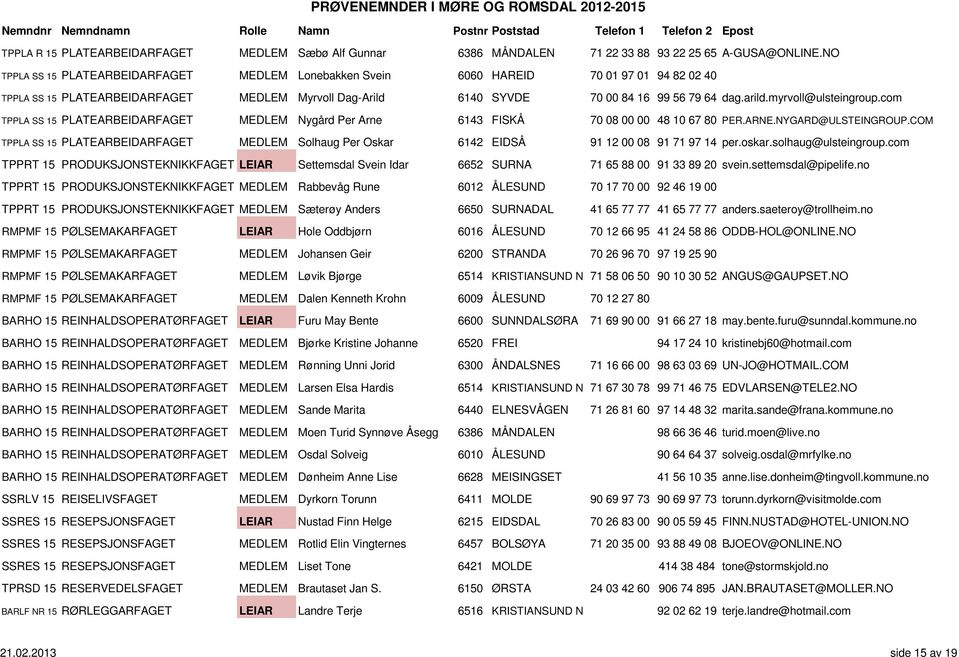myrvoll@ulsteingroup.com TPPLA SS 15 PLATEARBEIDARFAGET MEDLEM Nygård Per Arne 6143 FISKÅ 70 08 00 00 48 10 67 80 PER.ARNE.NYGARD@ULSTEINGROUP.