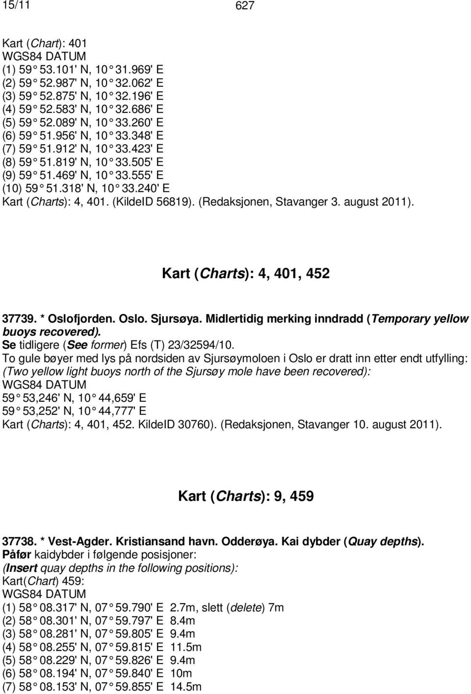 (Redaksjonen, Stavanger 3. august 2011). Kart (Charts): 4, 401, 452 37739. * Oslofjorden. Oslo. Sjursøya. Midlertidig merking inndradd (Temporary yellow buoys recovered).