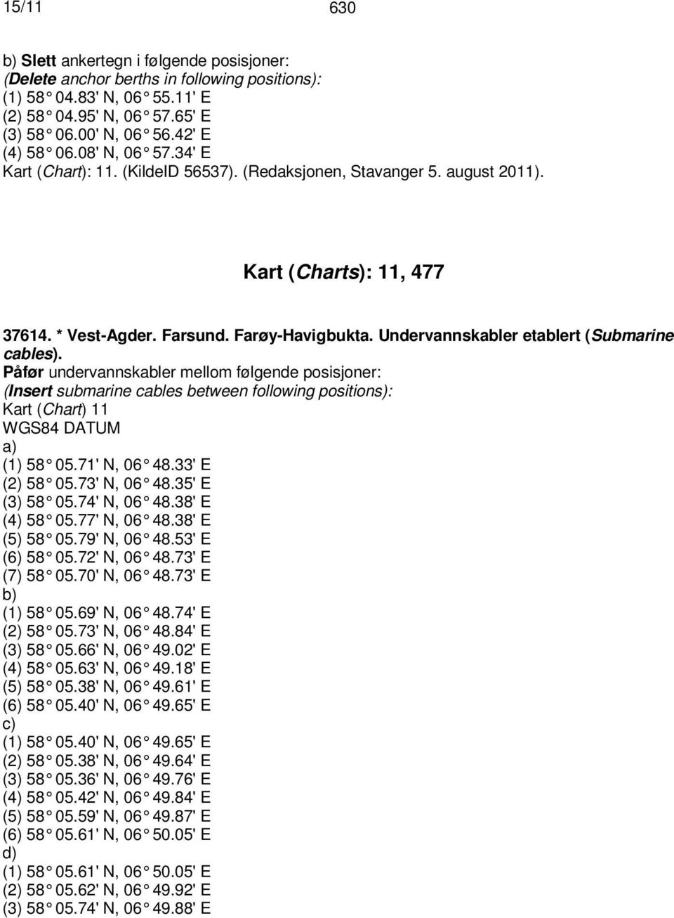 Undervannskabler etablert (Submarine cables). Påfør undervannskabler mellom følgende posisjoner: (Insert submarine cables between following positions): Kart (Chart) 11 a) (1) 58 05.71' N, 06 48.