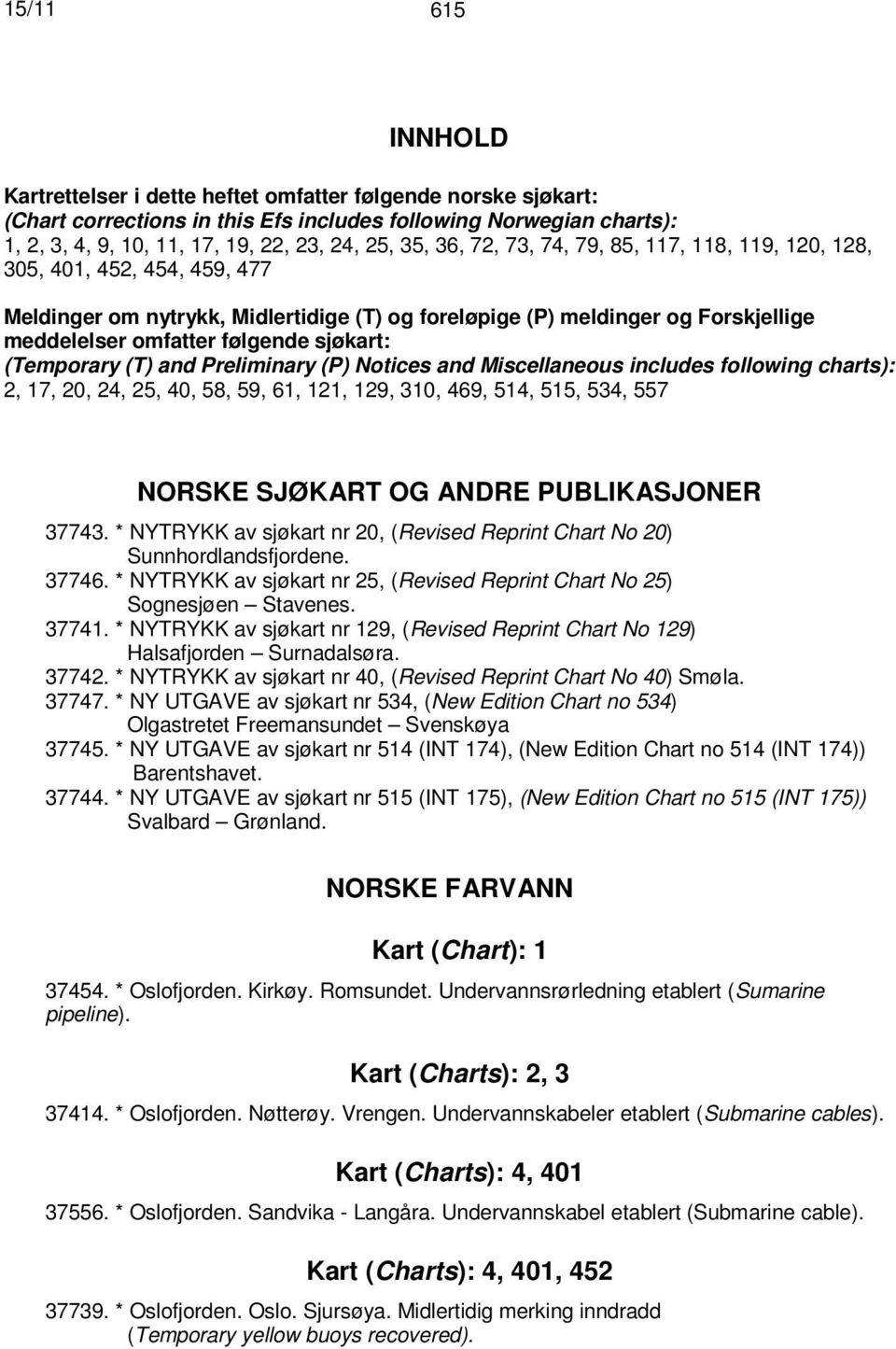 (Temporary (T) and Preliminary (P) Notices and Miscellaneous includes following charts): 2, 17, 20, 24, 25, 40, 58, 59, 61, 121, 129, 310, 469, 514, 515, 534, 557 NORSKE SJØKART OG ANDRE