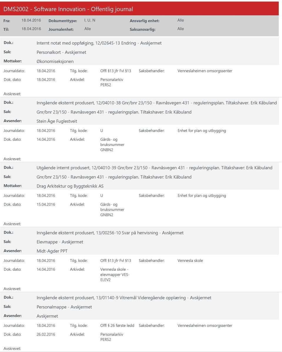 2016 Gårds- og bruksnummer GNBN2 tgående internt produsert, 12/04010-39 Gnr/bnr 23/150 - Ravnåsvegen 431 - reguleringsplan.