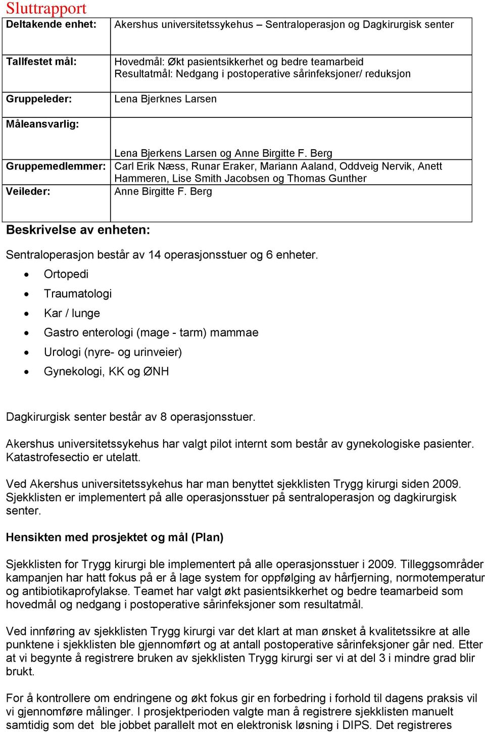 Berg Gruppemedlemmer: Carl Erik Næss, Runar Eraker, Mariann Aaland, Oddveig Nervik, Anett Hammeren, Lise Smith Jacobsen og Thomas Gunther Veileder: Anne Birgitte F.