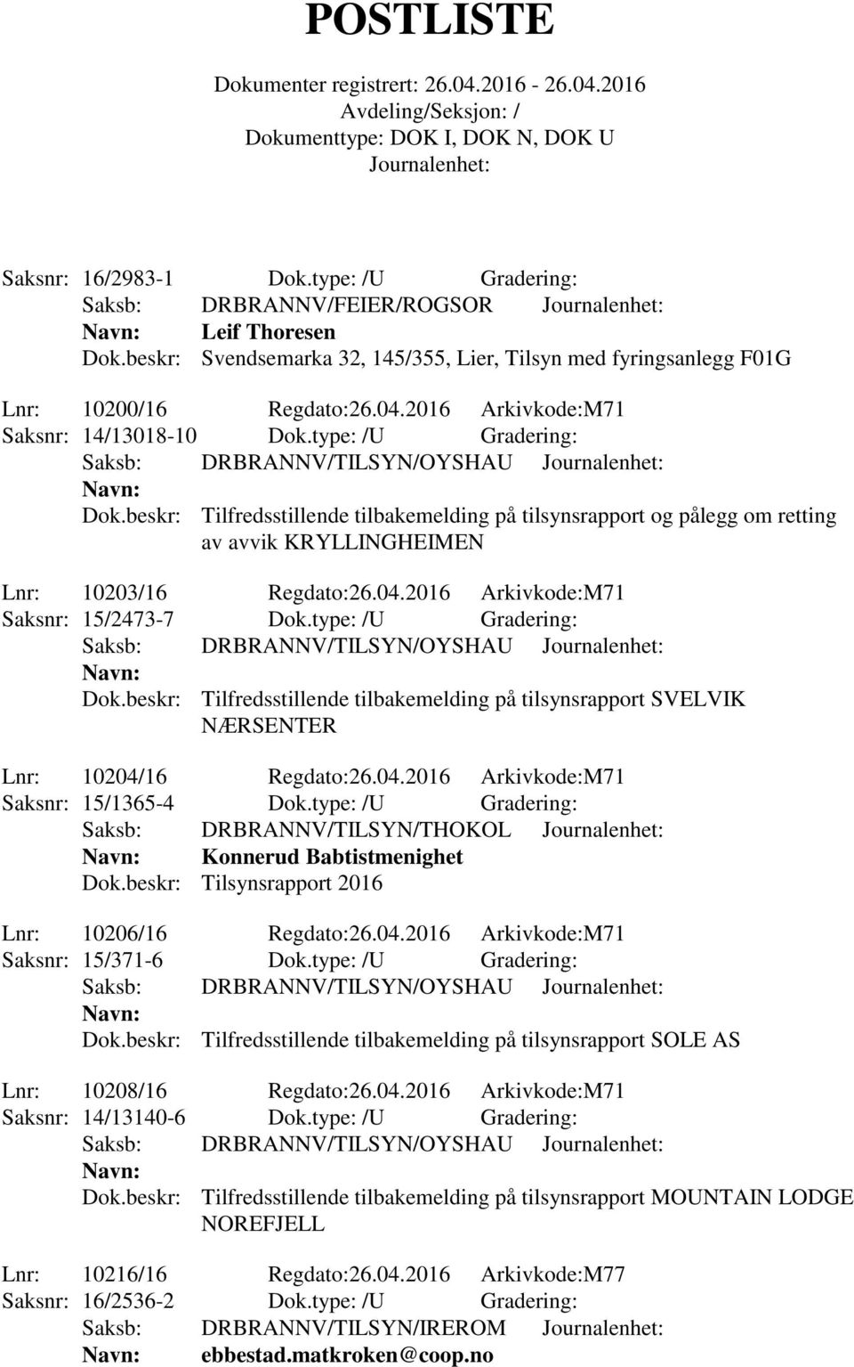 beskr: Tilfredsstillende tilbakemelding på tilsynsrapport og pålegg om retting av avvik KRYLLINGHEIMEN Lnr: 10203/16 Regdato:26.04.2016 Arkivkode:M71 Saksnr: 15/2473-7 Dok.