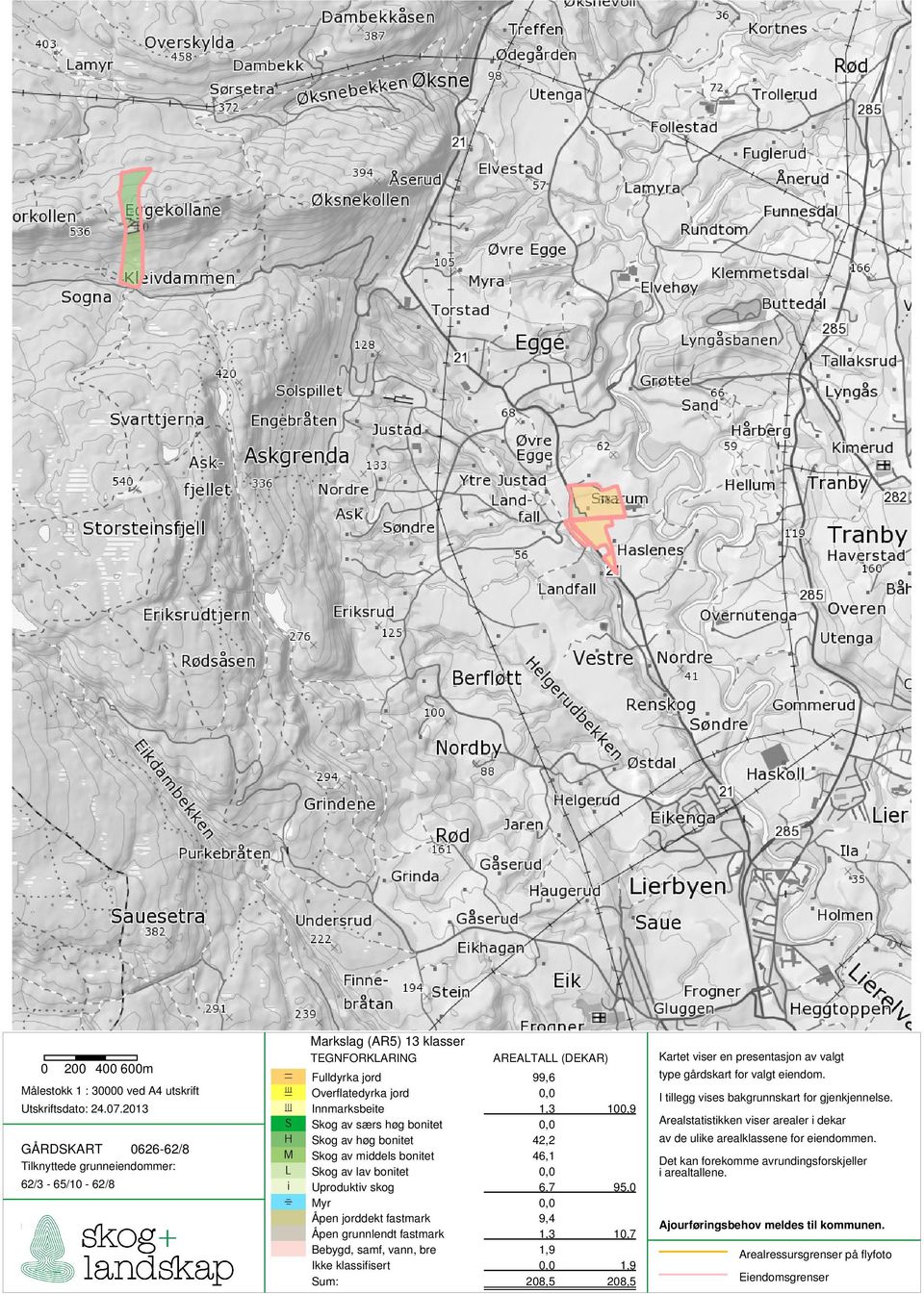 Overflatedyrka jord 0,0 6 Innmarksbeite 1,3 100,9 S Skog av særs høg bonitet 0,0 H Skog av høg bonitet 42,2 M Skog av middels bonitet 46,1 L Skog av lav bonitet 0,0 i Uproduktiv skog 6,7 95,0 1 Myr