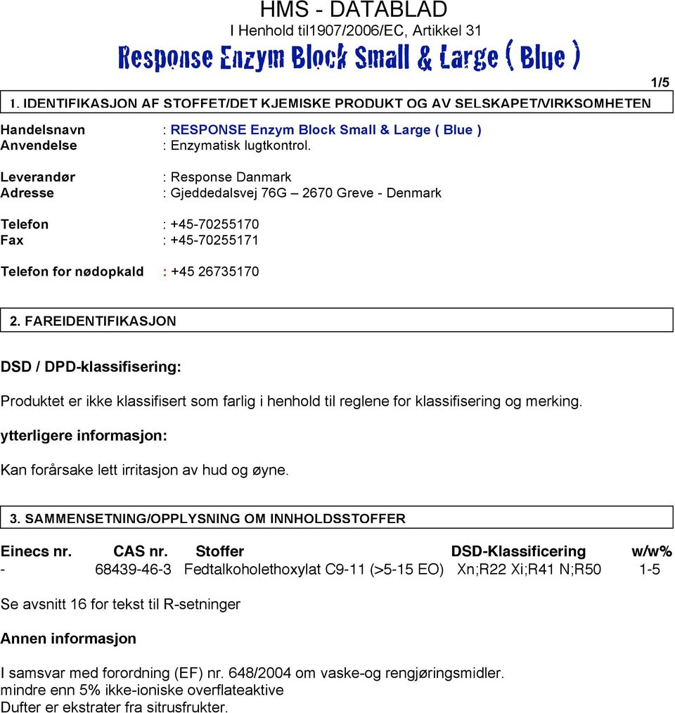 1/5 Leverandør Adresse : Response Danmark : Gjeddedalsvej 76G 2670 Greve - Denmark Telefon : +45-70255170 Fax : +45-70255171 Telefon for nødopkald : +45 26735170 Hazardous 2.