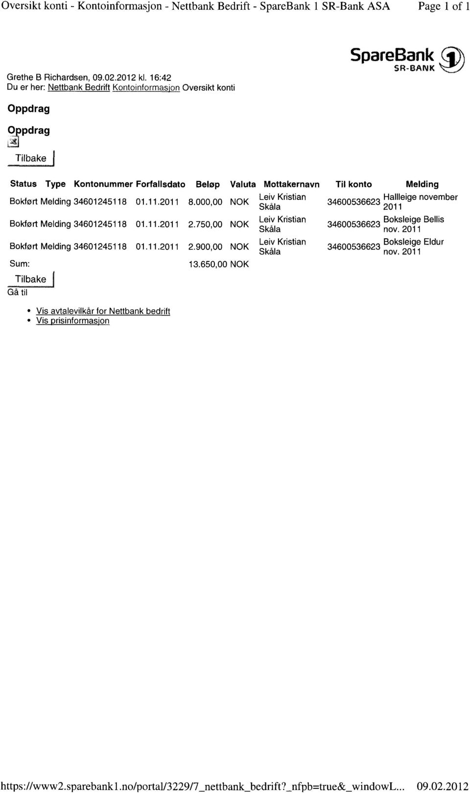 000,00 NOK Bokført Melding 34601245118 01.11.2011 2.750,00 NOK Bokført Melding 34601245118 01.11.2011 2.900,00 NOK Sum: 13.
