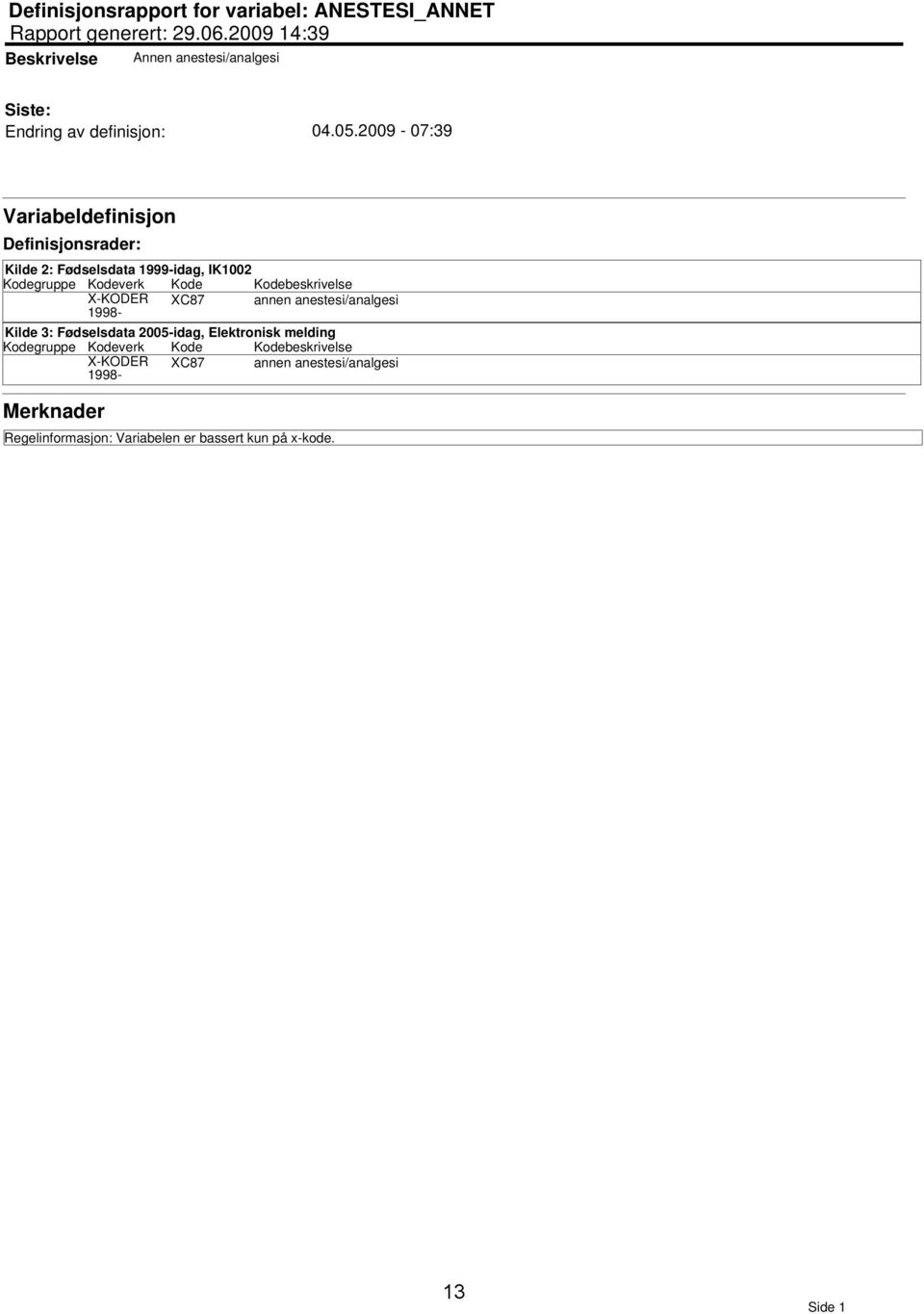 2009-07:39 Variabeldefinisjon Definisjonsrader: Kilde 2: Fødselsdata 1999-idag, IK1002 X-KODER 1998- XC87 annen