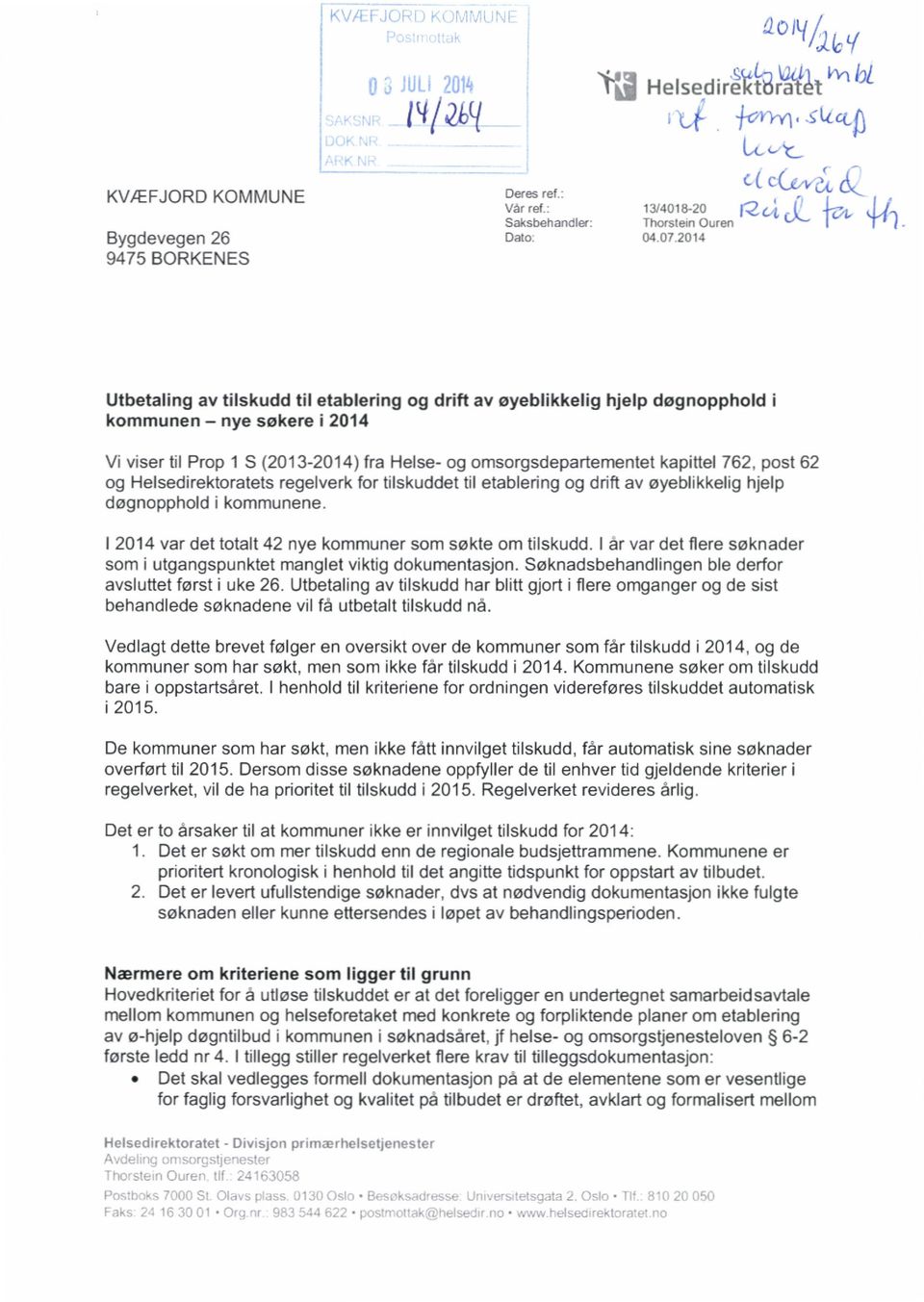 døgnopphold i Vi viser til Prop 1 S (2013-2014) fra Helse- og omsorgsdepartementet kapittel 762, post 62 og Helsedirektoratets regelverk for tilskuddet til etablering og drift av øyeblikkelig hjelp