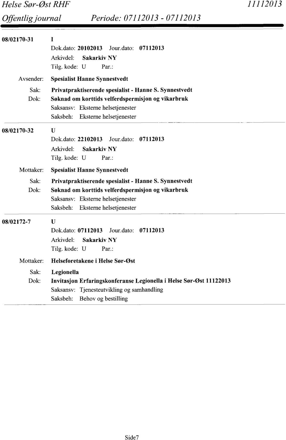 dato: 07112013 SpesialistHanne Synnestvedt Sak: Privatpraktiserende spesialist- Hanne S.