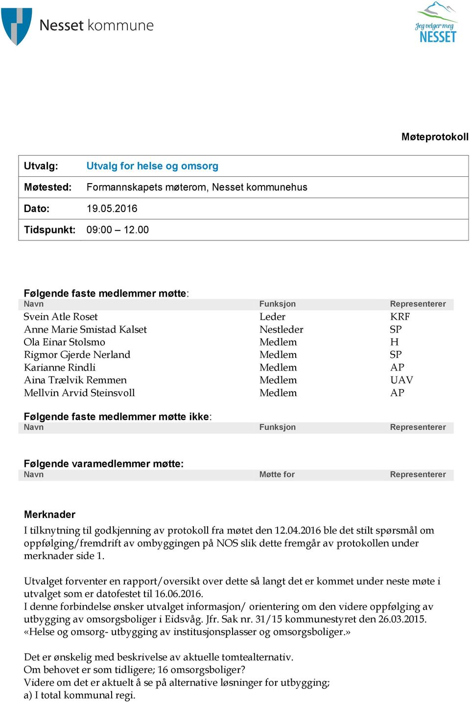 Rindli Medlem AP Aina Trælvik Remmen Medlem UAV Mellvin Arvid Steinsvoll Medlem AP Følgende faste medlemmer møtte ikke: Navn Funksjon Representerer Følgende varamedlemmer møtte: Navn Møtte for