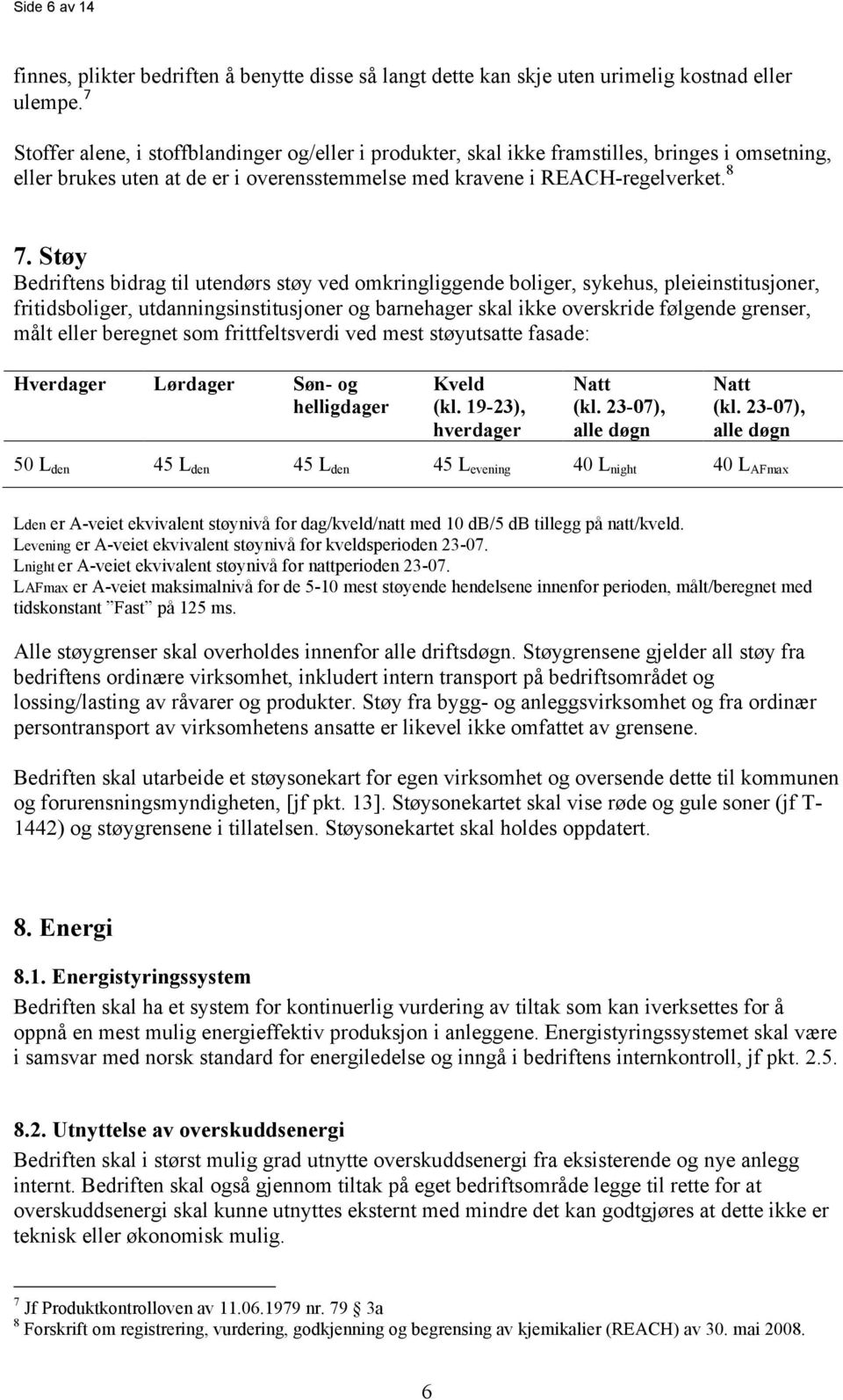 Støy Bedriftens bidrag til utendørs støy ved omkringliggende boliger, sykehus, pleieinstitusjoner, fritidsboliger, utdanningsinstitusjoner og barnehager skal ikke overskride følgende grenser, målt