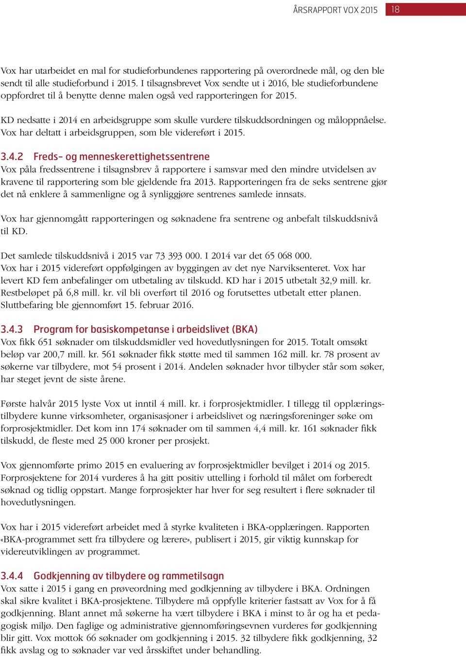 KD nedsatte i 2014 en arbeidsgruppe som skulle vurdere tilskuddsordningen og måloppnåelse. Vox har deltatt i arbeidsgruppen, som ble videreført i 2015. 3.4.2 Freds- og menneskerettighetssentrene Vox påla fredssentrene i tilsagnsbrev å rapportere i samsvar med den mindre utvidelsen av kravene til rapportering som ble gjeldende fra 2013.