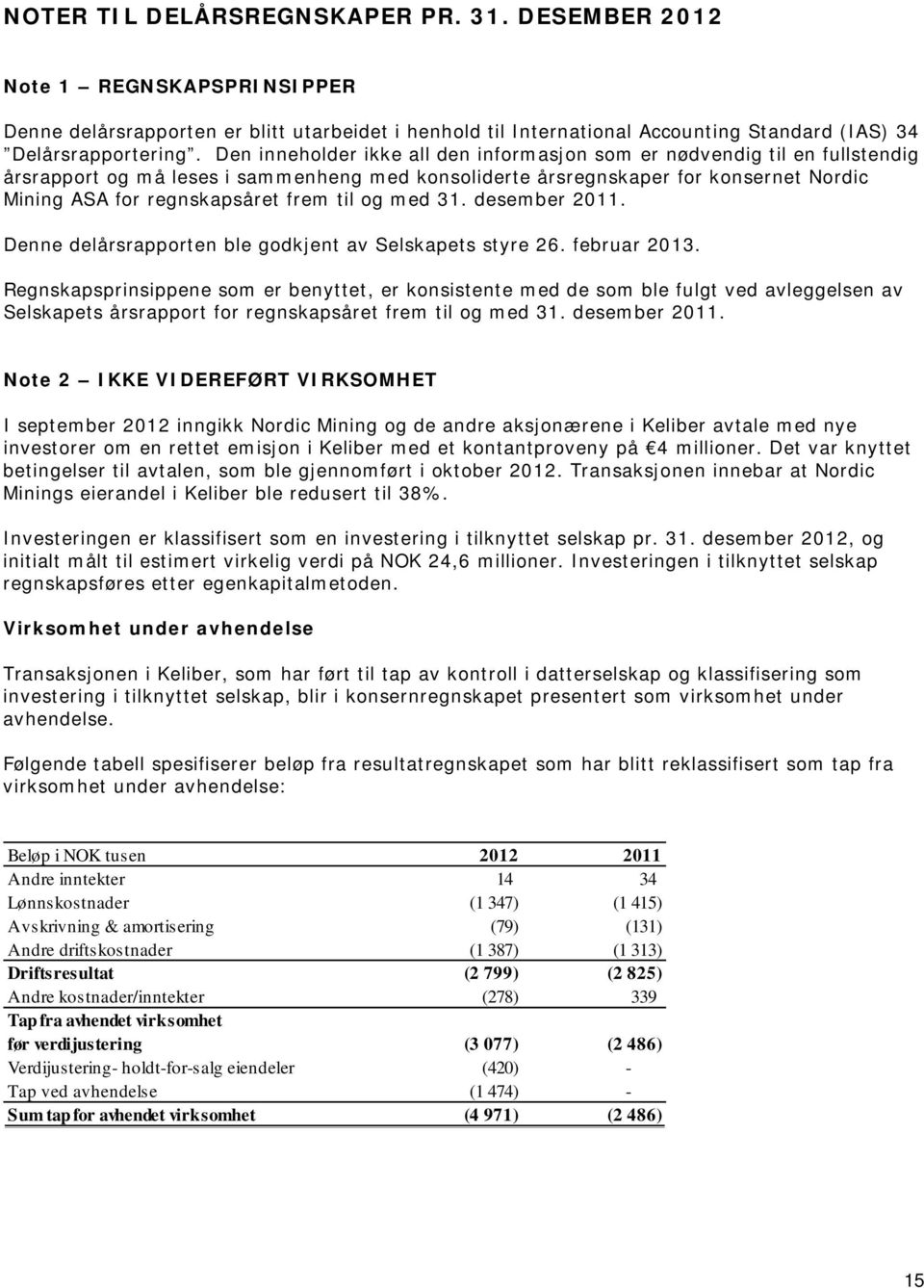 til og med 31. desember 2011. Denne delårsrapporten ble godkjent av Selskapets styre 26. februar 2013.