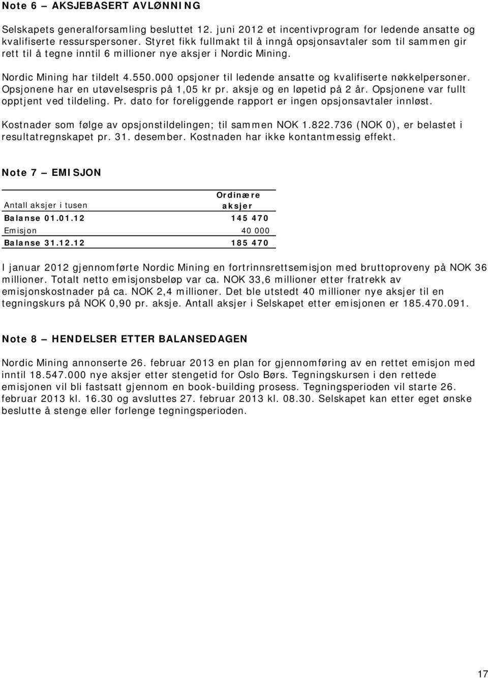 000 opsjoner til ledende ansatte og kvalifiserte nøkkelpersoner. Opsjonene har en utøvelsespris på 1,05 kr pr. aksje og en løpetid på 2 år. Opsjonene var fullt opptjent ved tildeling. Pr.