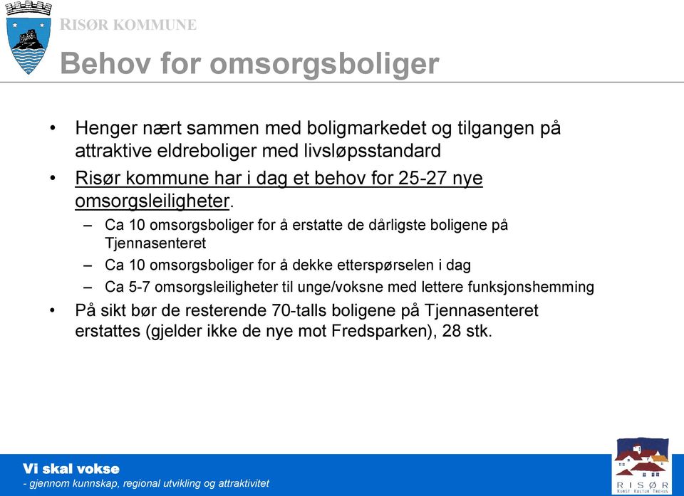 Ca 10 omsorgsboliger for å erstatte de dårligste boligene på Tjennasenteret Ca 10 omsorgsboliger for å dekke etterspørselen i