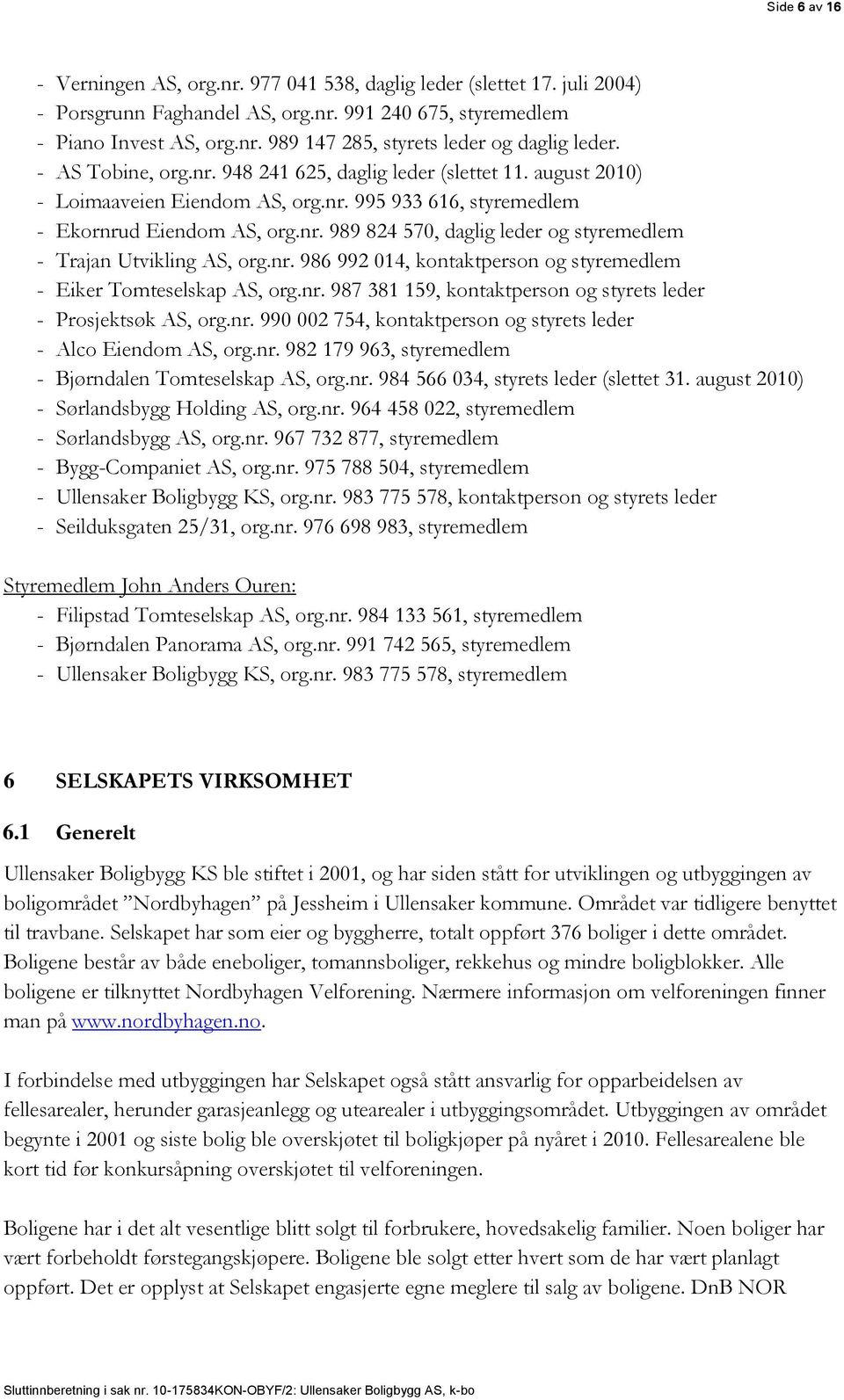 nr. 986 992 014, kontaktperson og styremedlem - Eiker Tomteselskap AS, org.nr. 987 381 159, kontaktperson og styrets leder - Prosjektsøk AS, org.nr. 990 002 754, kontaktperson og styrets leder - Alco Eiendom AS, org.