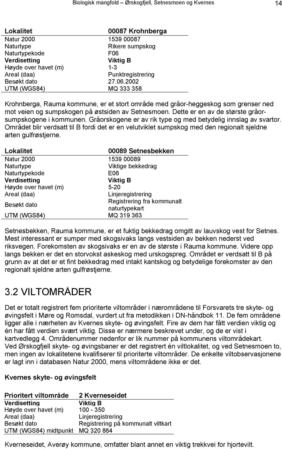 2002 UTM (WGS84) MQ 333 358 Krohnberga, Rauma kommune, er et stort område med gråor-heggeskog som grenser ned mot veien og sumpskogen på østsiden av Setnesmoen.