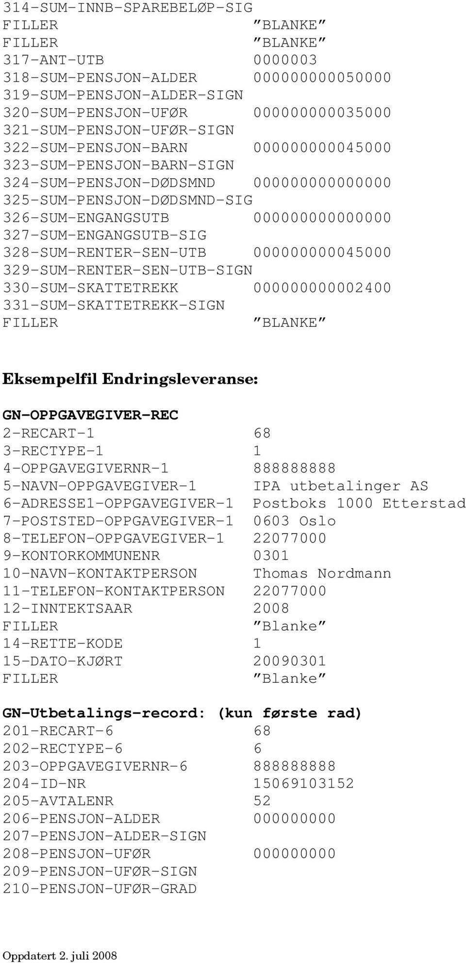 Endringsleveranse: 4-OPPGAVEGIVERNR-1 888888888 5-NAVN-OPPGAVEGIVER-1 IPA utbetalinger AS 10-NAVN-KONTAKTPERSON Thomas Nordmann 14-RETTE-KODE 1 15-DATO-KJØRT 20090301 GN-Utbetalings-record: (kun