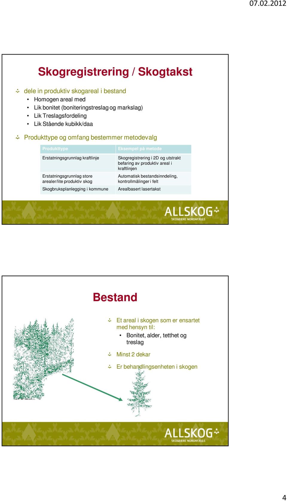 Skogbruksplanlegging i kommune Eksempel på metode Skogregistrering i 2D og utstrakt befaring av produktiv areal i kraftlinjen Automatisk bestandsinndeling,