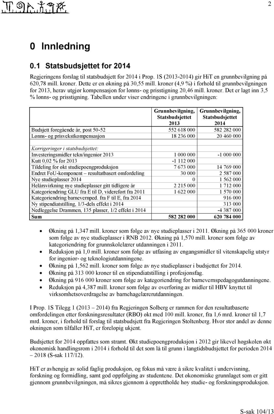 Tabellen under viser endringene i grunnbevilgningen: Grunnbevilgning, Statsbudsjettet 2013 Grunnbevilgning, Statsbudsjettet 2014 Budsjett foregående år, post 50-52 552 618 000 582 282 000 Lønns- og