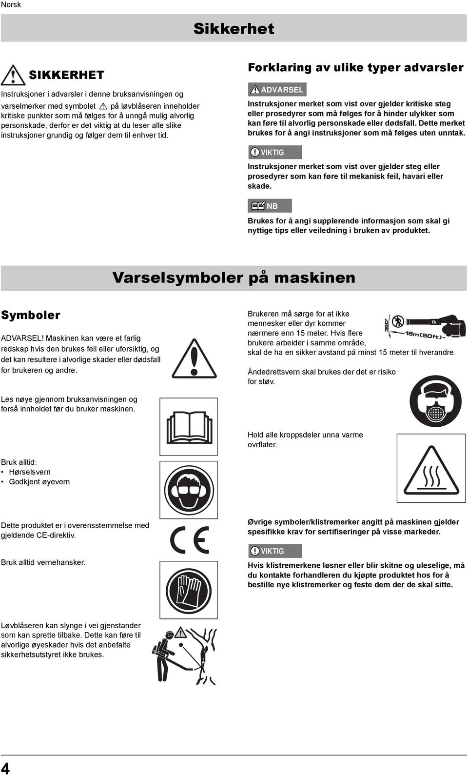 Forklaring av ulike typer advarsler Instruksjoner merket som vist over gjelder kritiske steg eller prosedyrer som må følges for å hinder ulykker som kan føre til alvorlig personskade eller dødsfall.