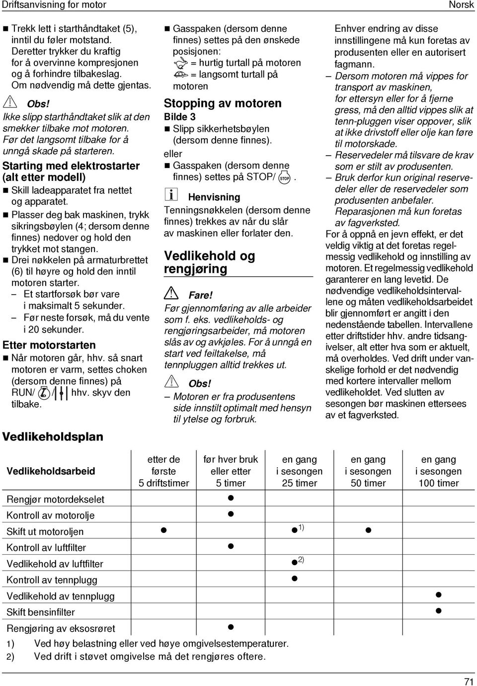 Starting med elektrostarter (alt etter modell) Skill ladeapparatet fra nettet og apparatet.