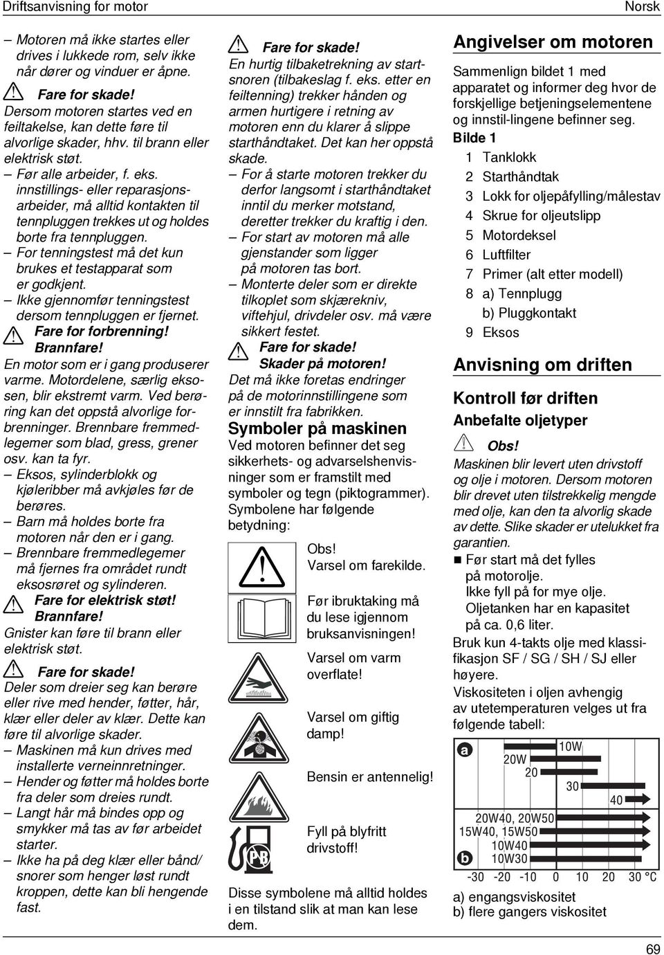 innstillings- eller reparasjonsarbeider, må alltid kontakten til tennpluggen trekkes ut og holdes borte fra tennpluggen. For tenningstest må det kun brukes et testapparat som er godkjent.