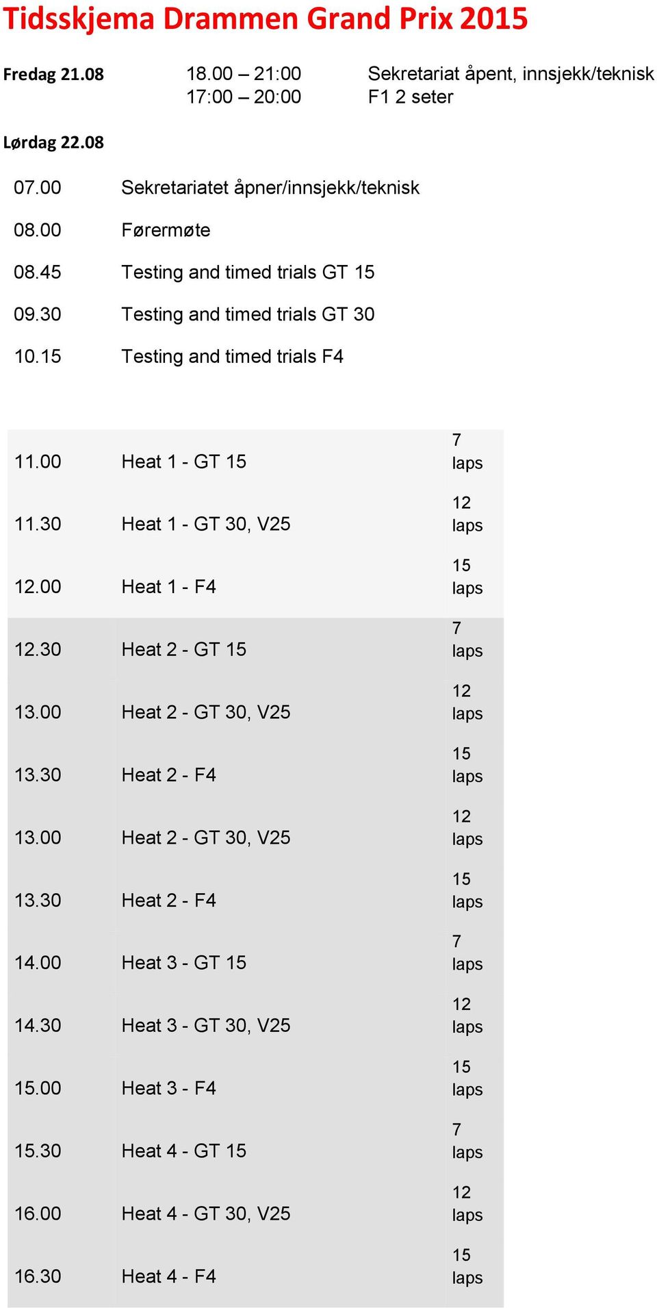 Testing and timed trials F4 11.00 Heat 1 - GT 11.30 Heat 1 - GT 30, V25.00 Heat 1 - F4.30 Heat 2 - GT 13.00 Heat 2 - GT 30, V25 13.