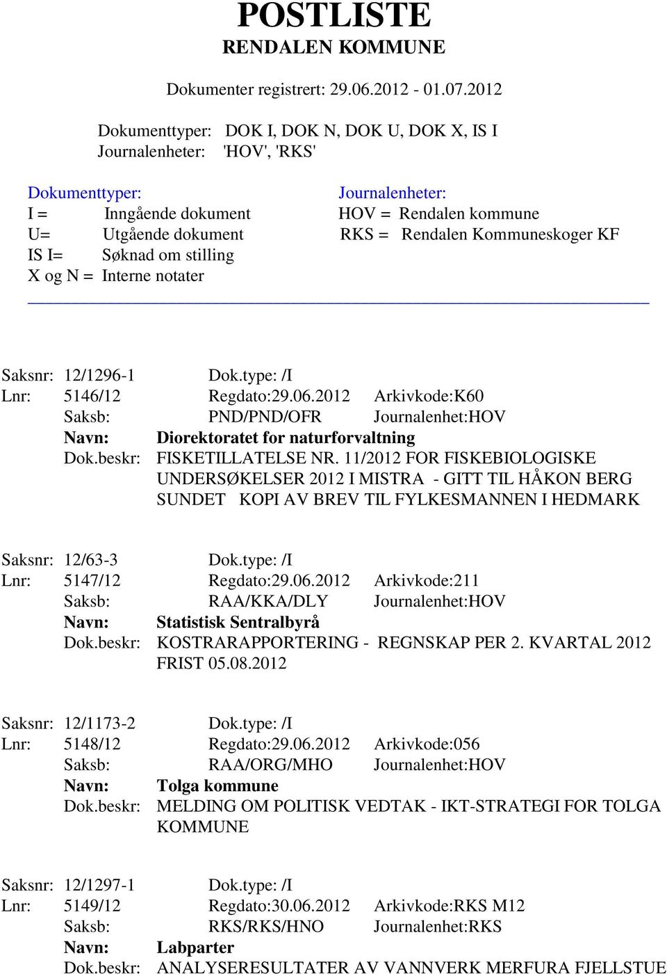 11/2012 FOR FISKEBIOLOGISKE UNDERSØKELSER 2012 I MISTRA - GITT TIL HÅKON BERG SUNDET KOPI AV BREV TIL FYLKESMANNEN I HEDMARK Saksnr: 12/63-3 Dok.type: /I Lnr: 5147/12 Regdato:29.06.