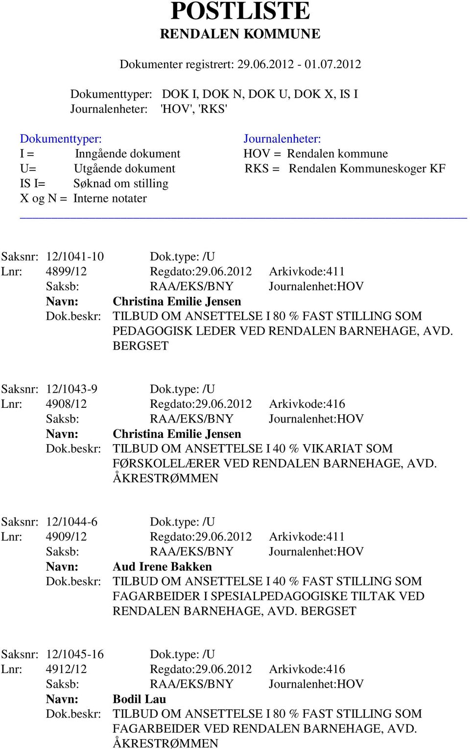 2012 Arkivkode:416 Saksb: RAA/EKS/BNY Journalenhet:HOV Navn: Christina Emilie Jensen Dok.beskr: TILBUD OM ANSETTELSE I 40 % VIKARIAT SOM FØRSKOLELÆRER VED RENDALEN BARNEHAGE, AVD.