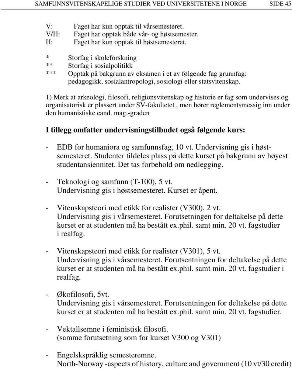 * Storfag i skoleforskning ** Storfag i sosialpolitikk *** Opptak på bakgrunn av eksamen i et av følgende fag grunnfag: pedagogikk, sosialantropologi, sosiologi eller statsvitenskap.