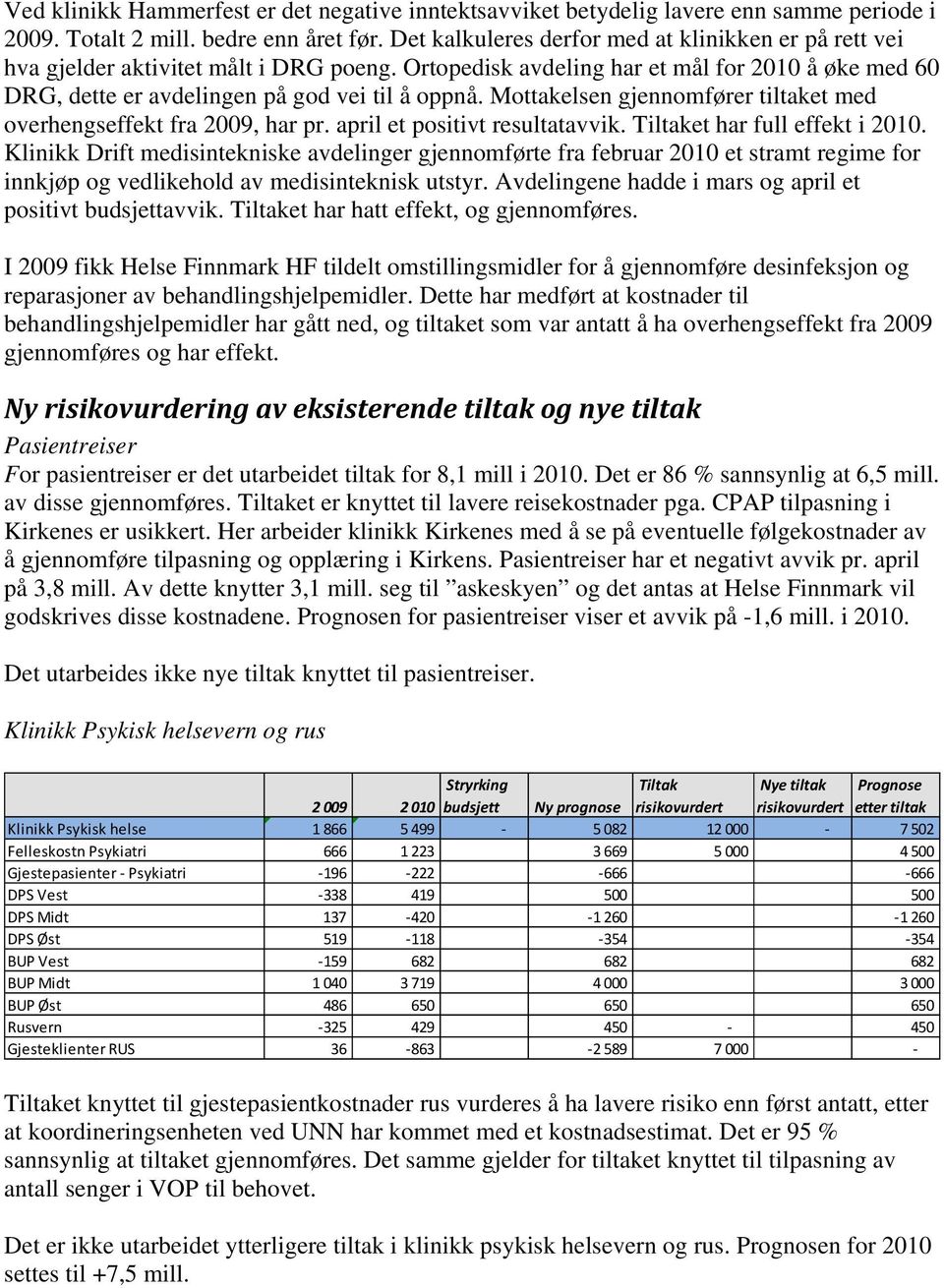 Mottakelsen gjennomfører tiltaket med overhengseffekt fra 2009, har pr. april et positivt resultatavvik. Tiltaket har full effekt i 2010.