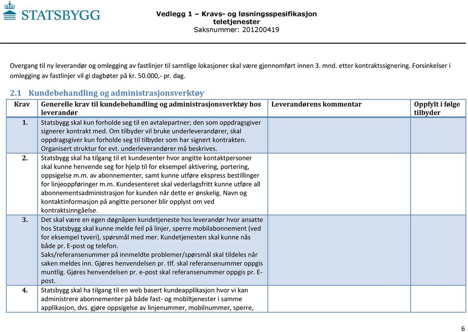 1 Kundebehandling og administrasjonsverktøy Krav Generelle krav til kundebehandling og administrasjonsverktøy hos leverandør 1.